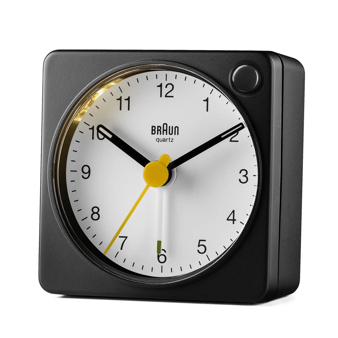 BC02X Braun classic analogue travel alarm clock black & white Braun
