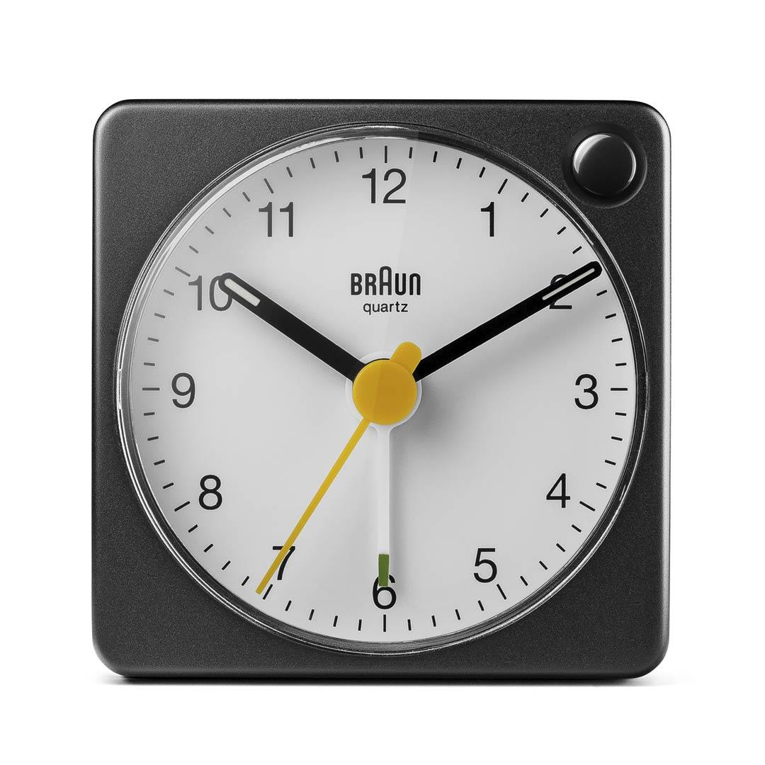 BC02X Braun classic analogue travel alarm clock black & white Braun