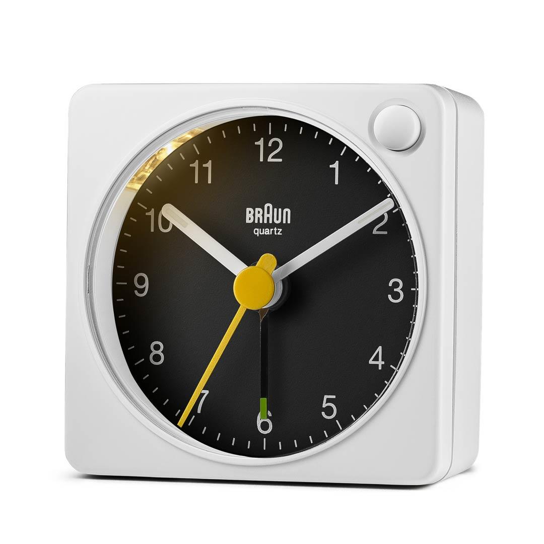 BC02X Braun Classic Analogue Travel Alarm Clock White & Black Braun
