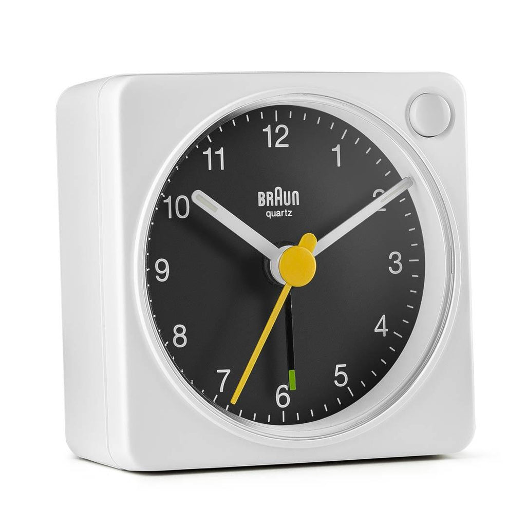BC02X Braun Classic Analogue Travel Alarm Clock White & Black Braun