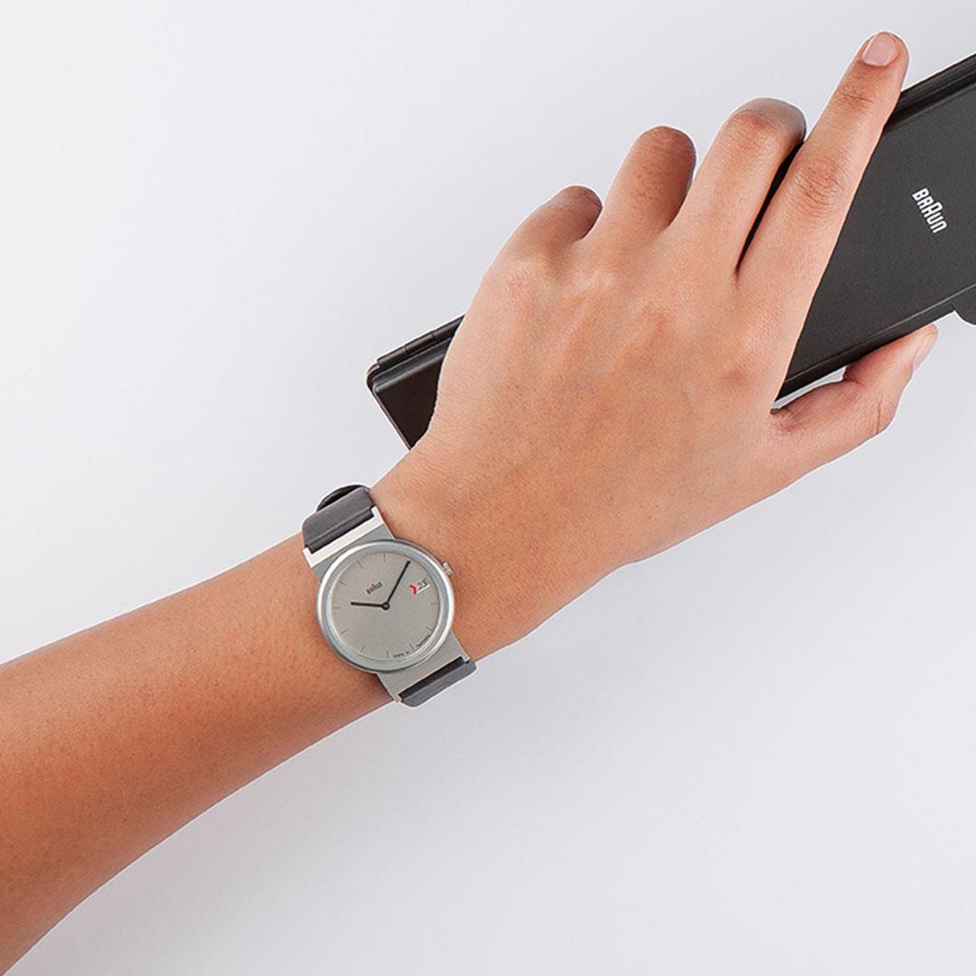 AW50 Braun classic watch -grey dial and black leather strap – US