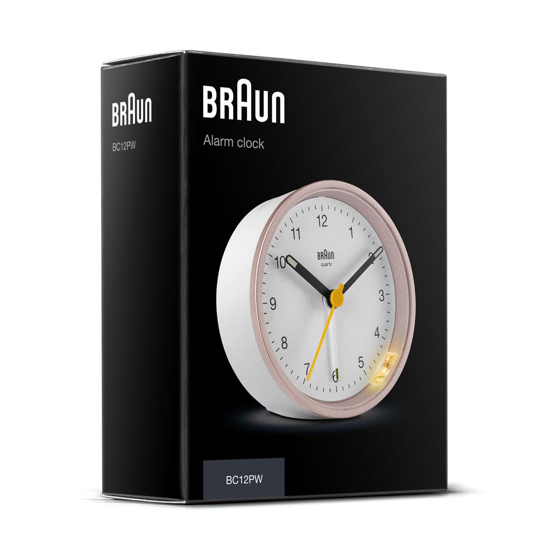 BC12 Braun Classic Analogue Alarm Clock Pink & White Braun Clocks US